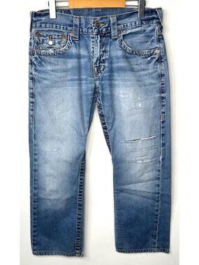 True Religion BOLM Deer Hollow Jeans Men 31 Straight Distressed Blue Flap Pocket